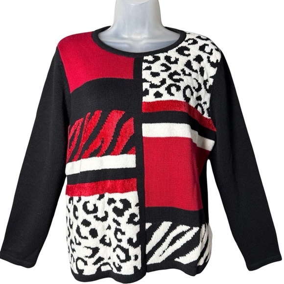 Alfred Dunner Petite Large Sweater Patchwork Red Black Leopard Print Granniecore - Picture 1 of 9